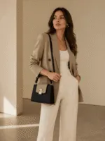 Elegantna ženska tašna od eko kože Bela Dona Crna i Bež na modelu – modernog i luksuznog dizajna