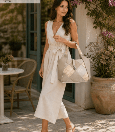 Elegantna ženska torba od eko kože Nana Bež slika na modelu – srednje veličine za sve prilike