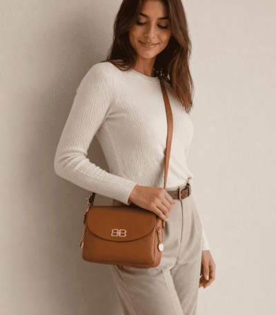 Elegantna ženska torba od prirodne kože za preko ramena Diva Braon na modelu – spoj luksuza i elegancije