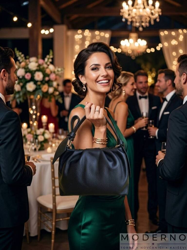 model na zabavi nosi u ruci crnu zensku torbu od prirodne koze Stela