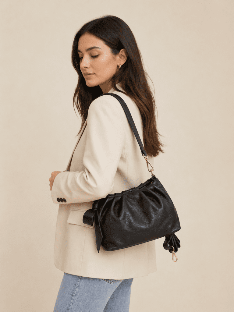 Model nosi na ramenu elegantnu crnu žensku torbu od prirodne kože.