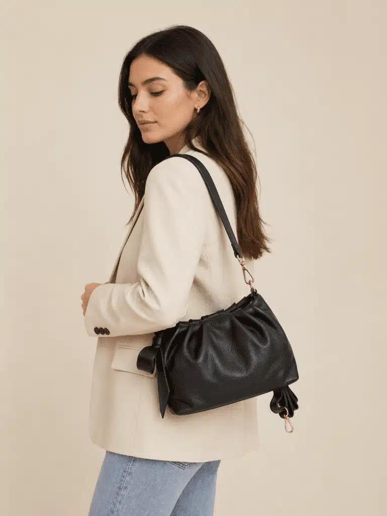 Model nosi na ramenu elegantnu crnu žensku torbu od prirodne kože.