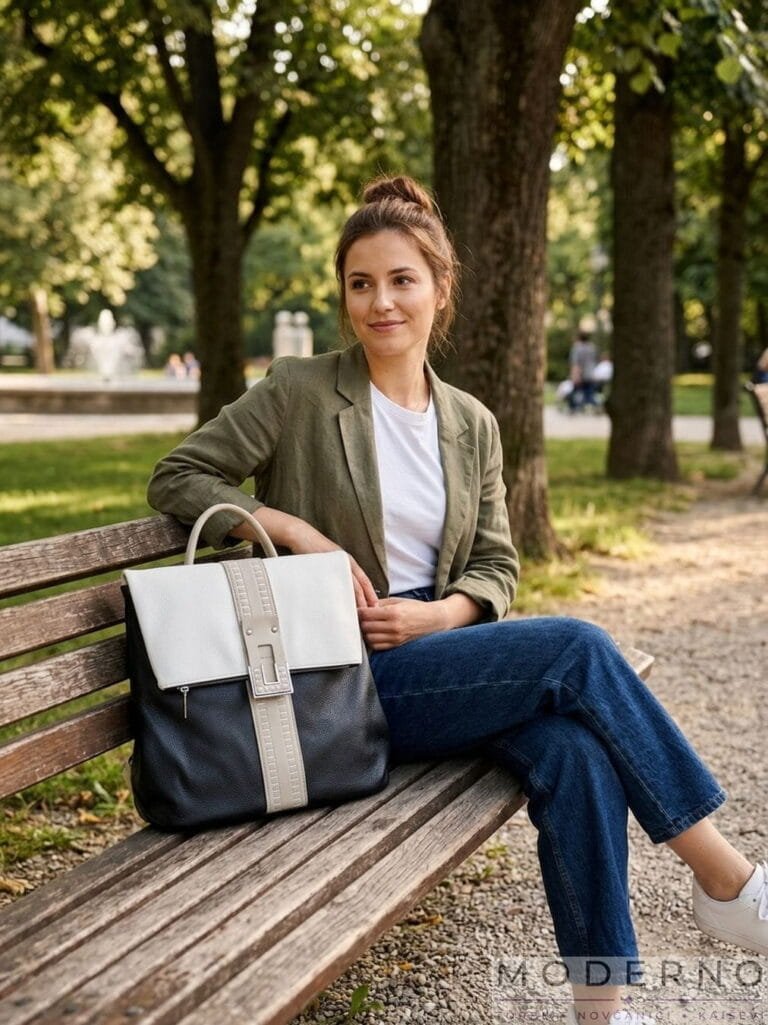 Ženski ranac i torba u jednom, od eko kože “Mari” Crno-beli-bež pored modela