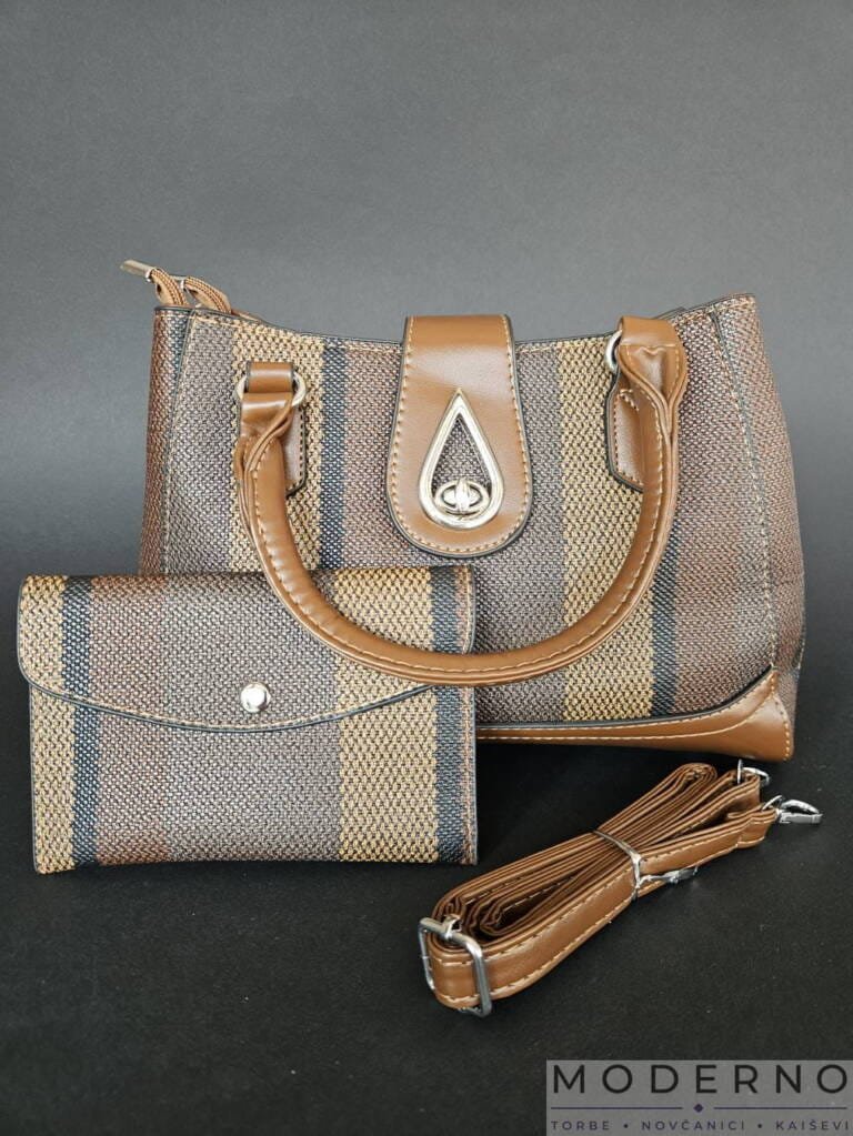 ženski set Tina - torba i novčanik, od eko kože Braon, slika sa kaišom